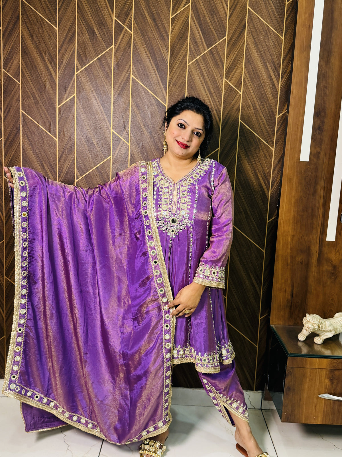 Shimmer Mirror-Work Anarkali Set – Purple